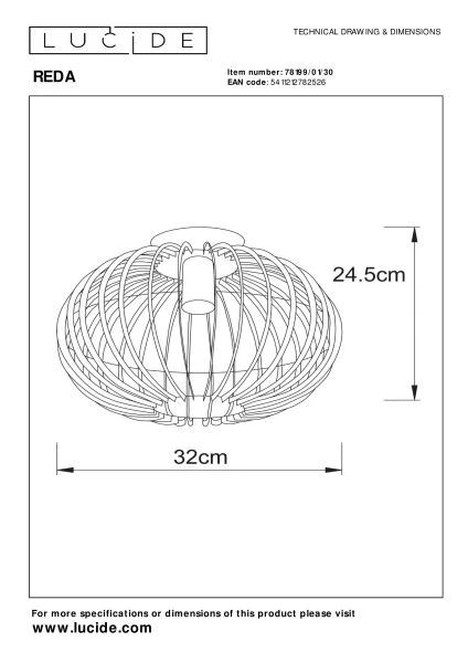 Lucide REDA - Lámpara de techo - Ø 32 cm - 1xE27 - Negro - técnico